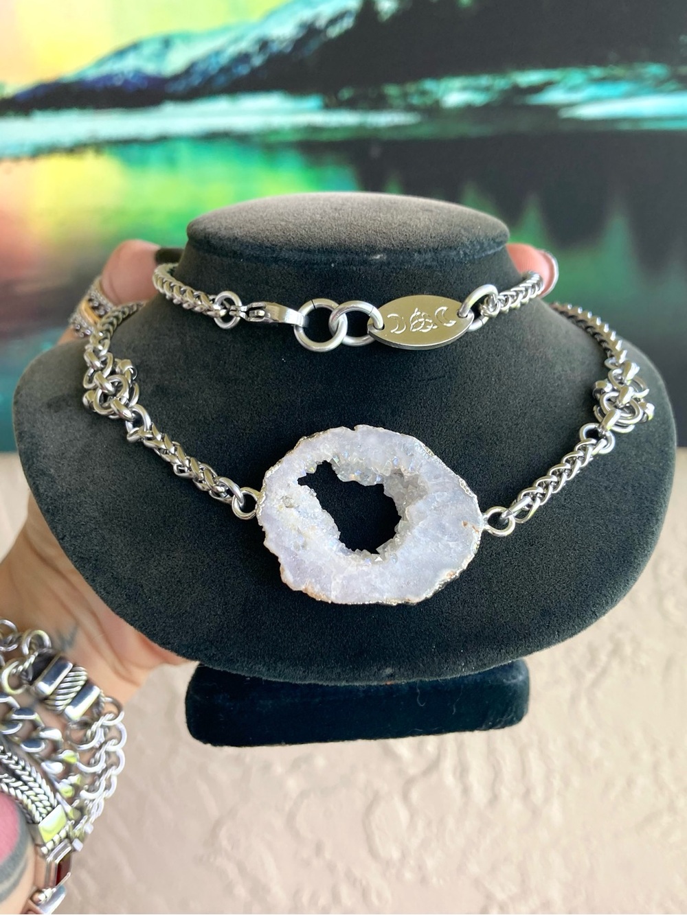 Druzy geode agate slice Celtic knot handmade boho silver necklace